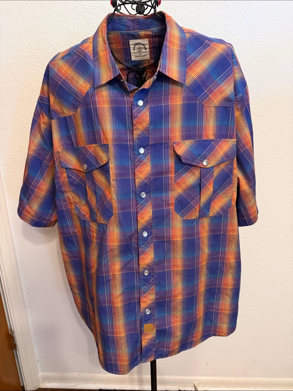 🤖🤖🤖BOGOHO🤖🤖🤖Men's Short-Sleeve Plaid Button-Up Shirt - Blue & Orange-3XL